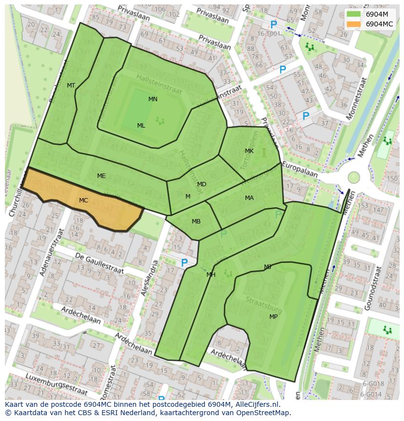 Afbeelding van het postcodegebied 6904 MC op de kaart.