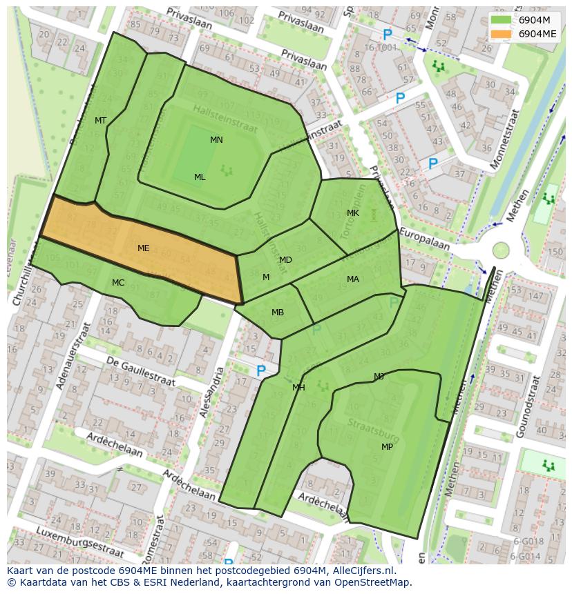 Afbeelding van het postcodegebied 6904 ME op de kaart.