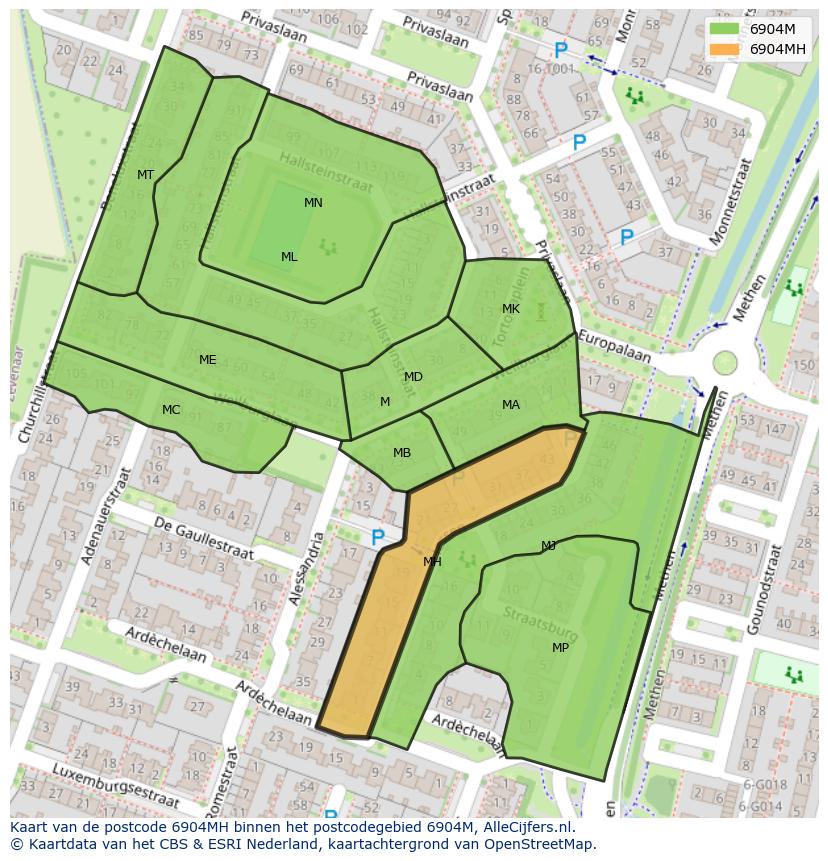 Afbeelding van het postcodegebied 6904 MH op de kaart.