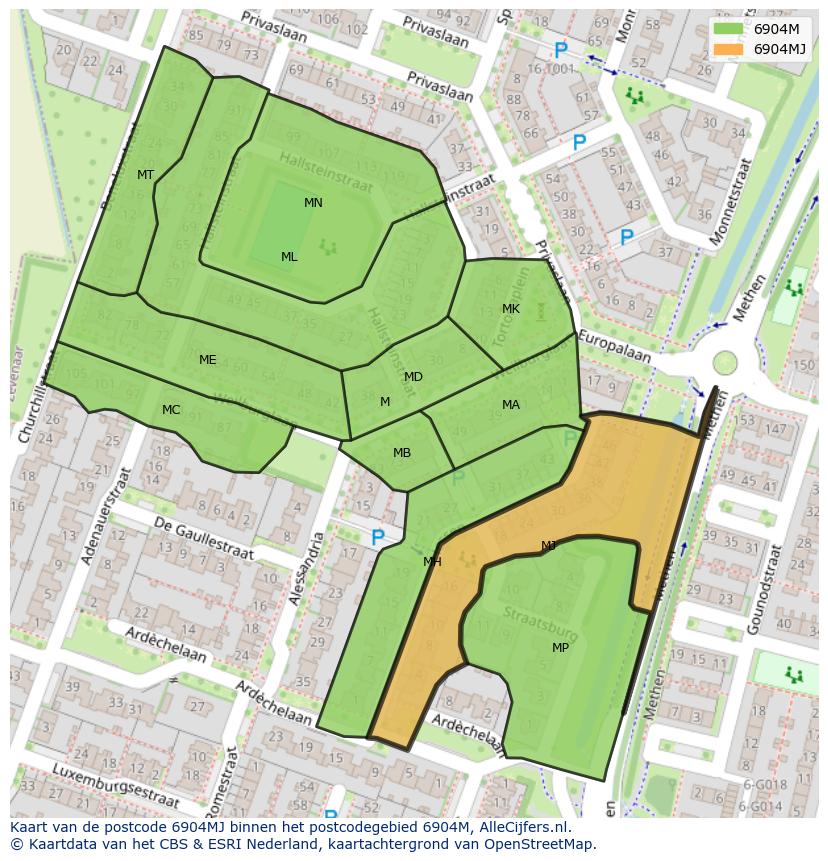 Afbeelding van het postcodegebied 6904 MJ op de kaart.