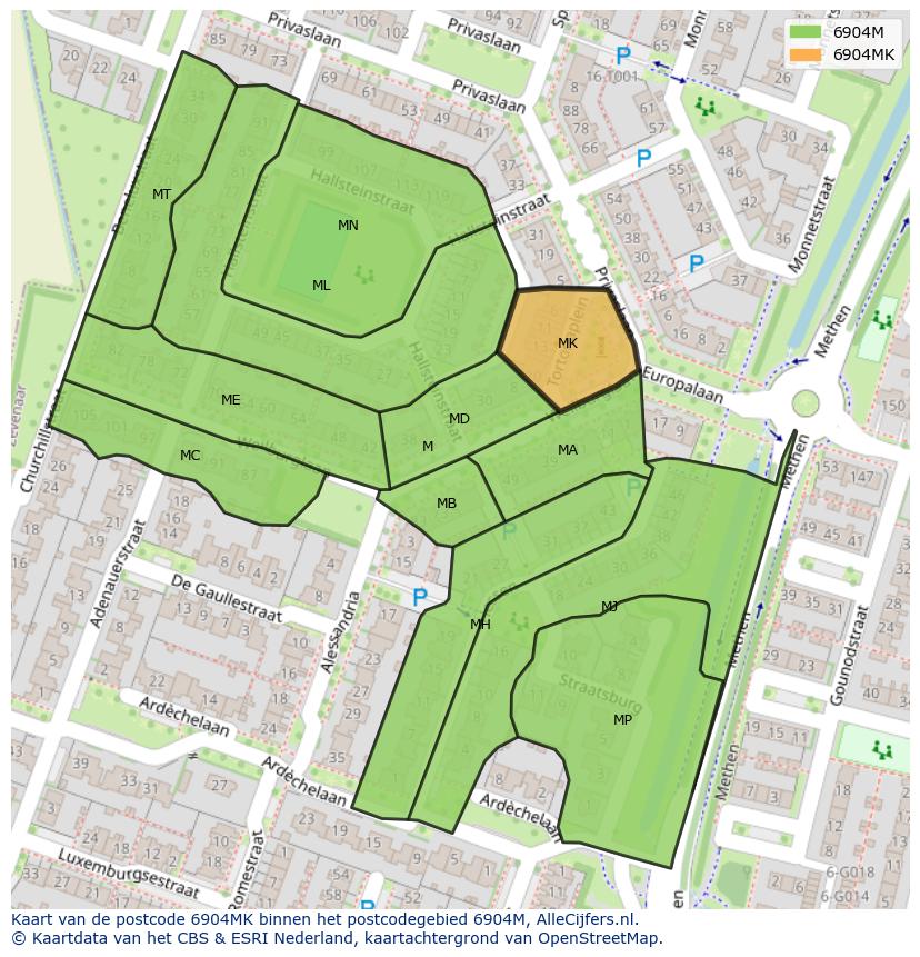Afbeelding van het postcodegebied 6904 MK op de kaart.