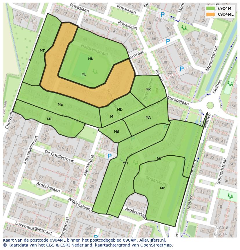 Afbeelding van het postcodegebied 6904 ML op de kaart.