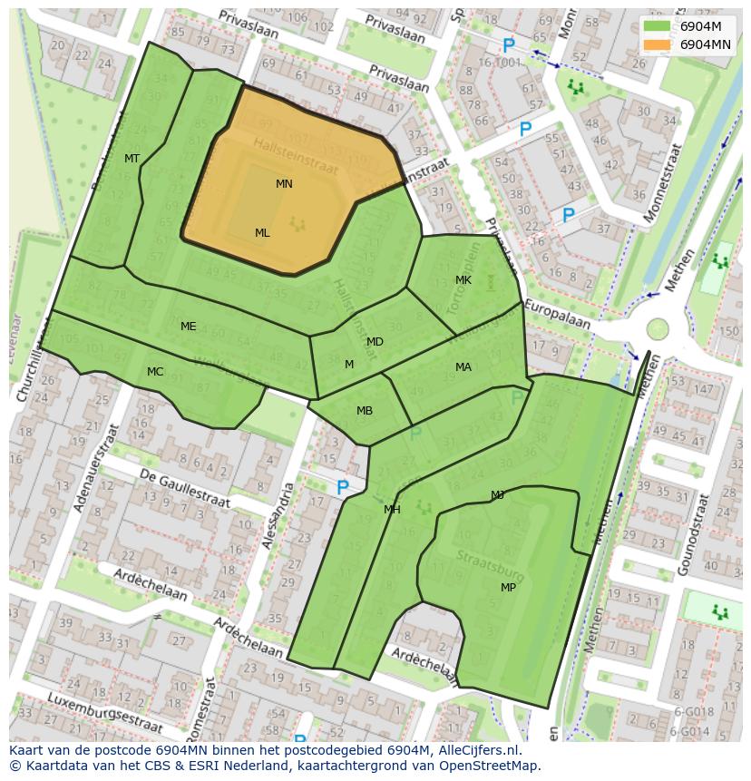 Afbeelding van het postcodegebied 6904 MN op de kaart.