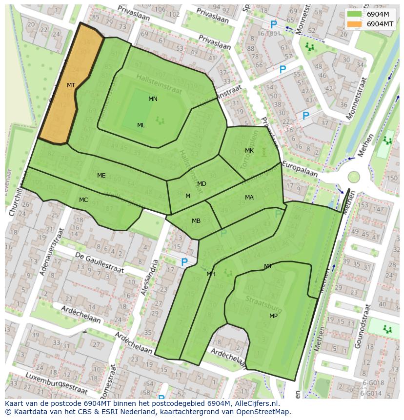 Afbeelding van het postcodegebied 6904 MT op de kaart.