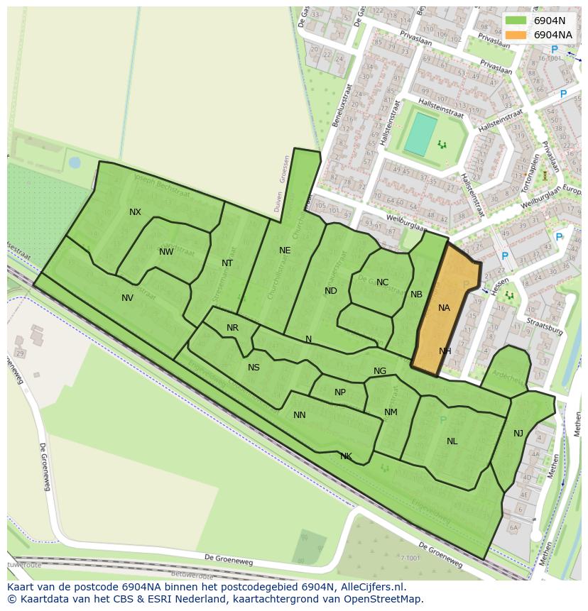 Afbeelding van het postcodegebied 6904 NA op de kaart.