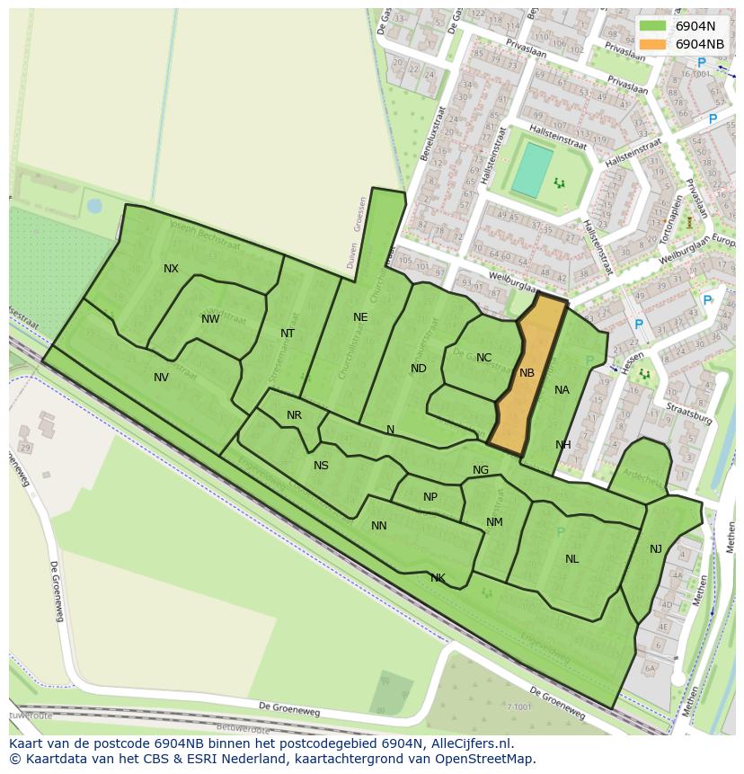 Afbeelding van het postcodegebied 6904 NB op de kaart.