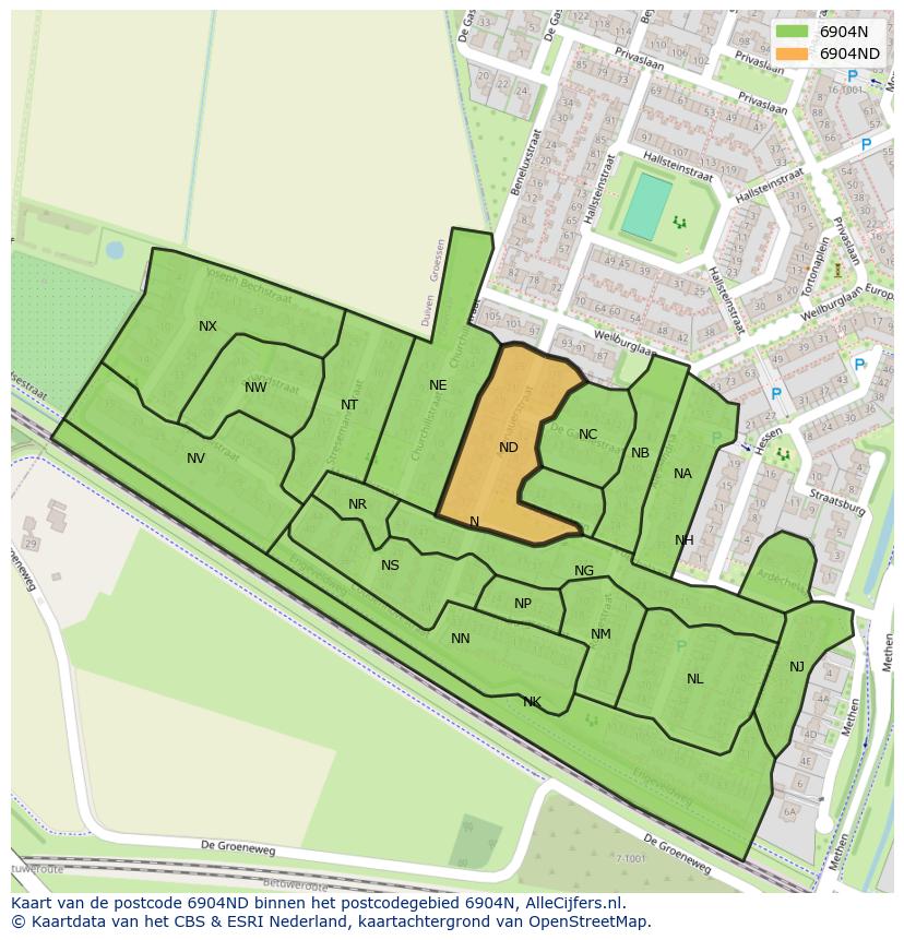 Afbeelding van het postcodegebied 6904 ND op de kaart.