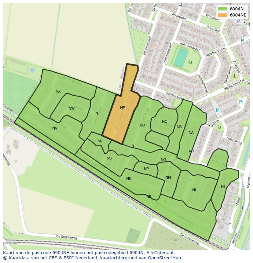 Afbeelding van het postcodegebied 6904 NE op de kaart.