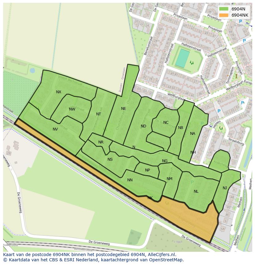 Afbeelding van het postcodegebied 6904 NK op de kaart.
