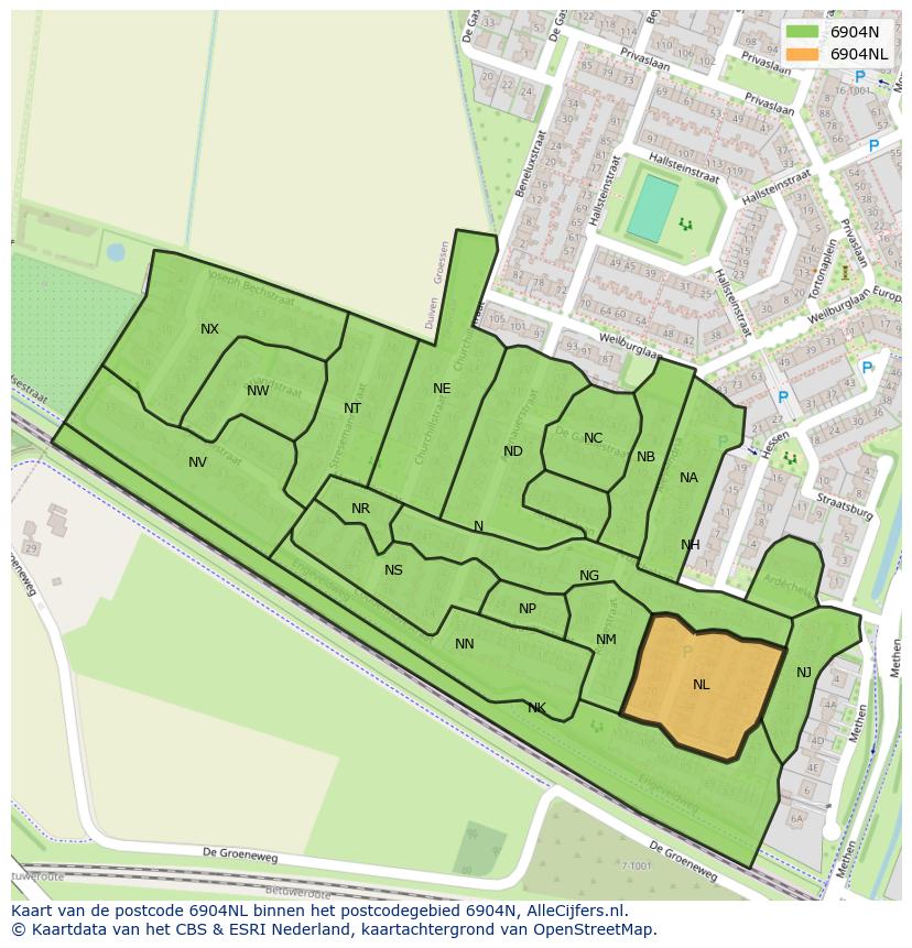Afbeelding van het postcodegebied 6904 NL op de kaart.