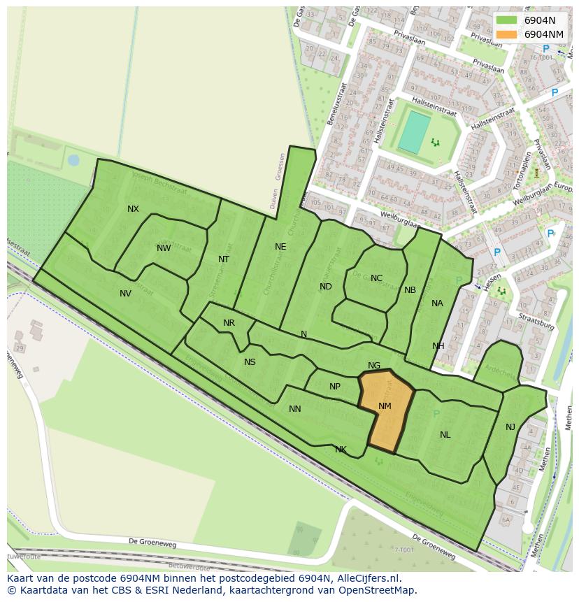 Afbeelding van het postcodegebied 6904 NM op de kaart.