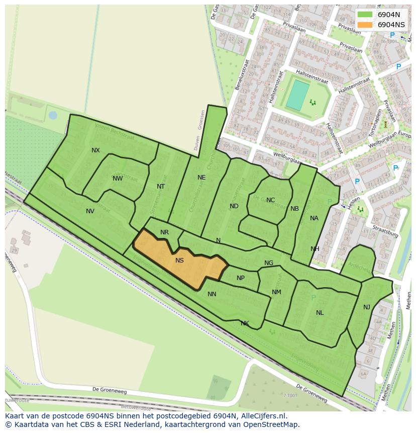 Afbeelding van het postcodegebied 6904 NS op de kaart.