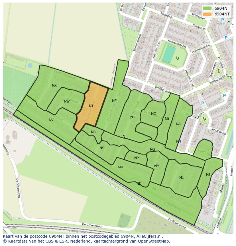 Afbeelding van het postcodegebied 6904 NT op de kaart.