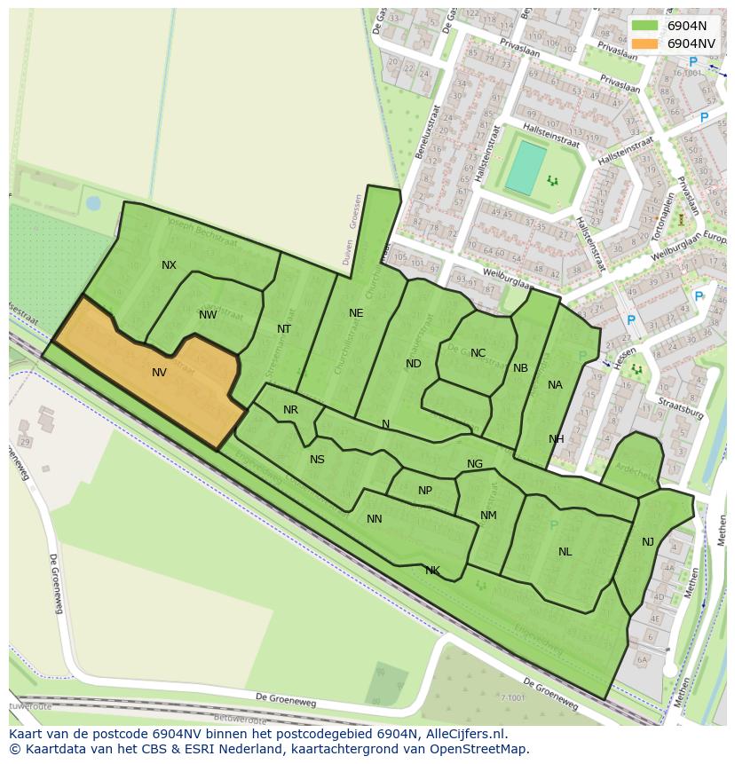 Afbeelding van het postcodegebied 6904 NV op de kaart.