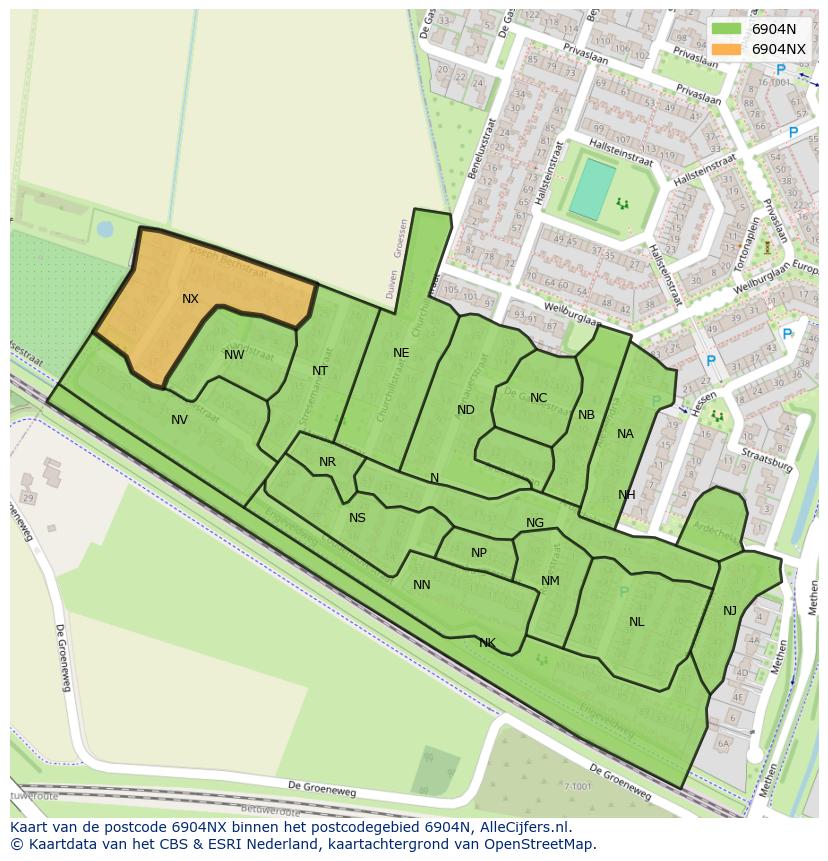 Afbeelding van het postcodegebied 6904 NX op de kaart.