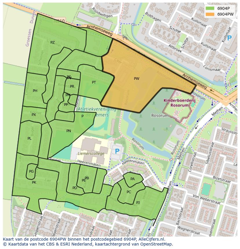 Afbeelding van het postcodegebied 6904 PW op de kaart.