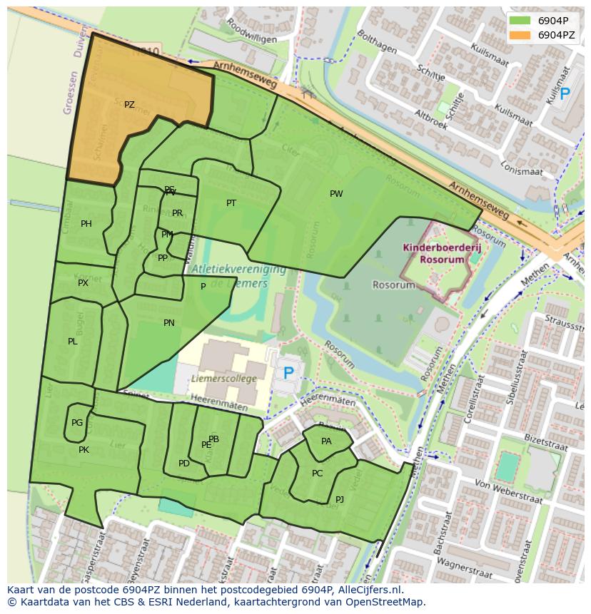 Afbeelding van het postcodegebied 6904 PZ op de kaart.