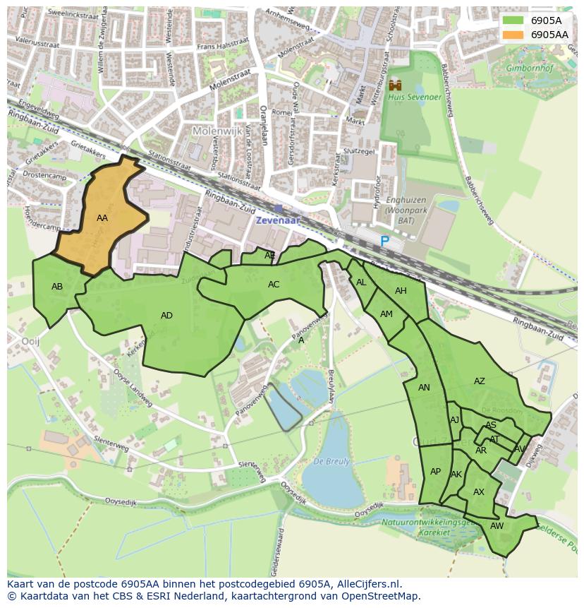 Afbeelding van het postcodegebied 6905 AA op de kaart.
