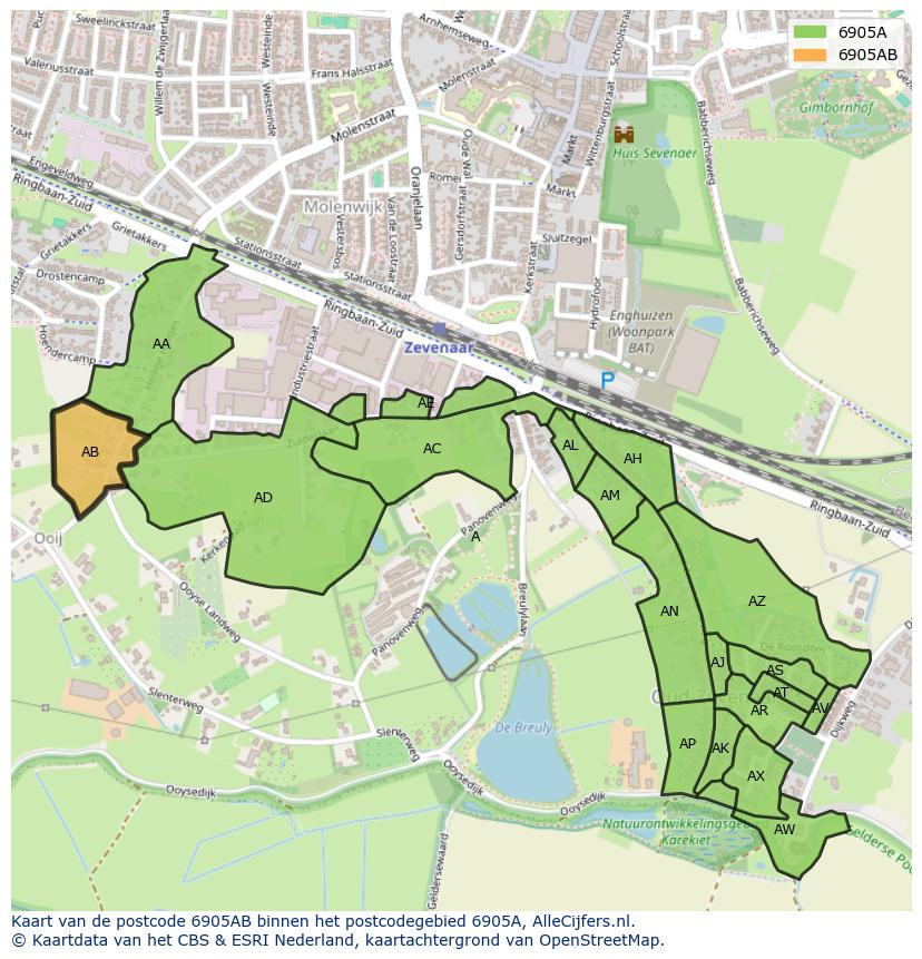 Afbeelding van het postcodegebied 6905 AB op de kaart.