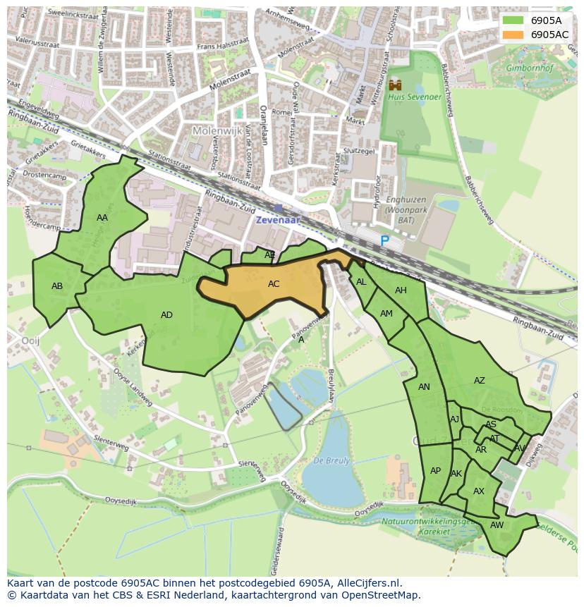Afbeelding van het postcodegebied 6905 AC op de kaart.