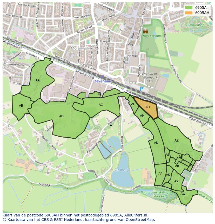 Afbeelding van het postcodegebied 6905 AH op de kaart.