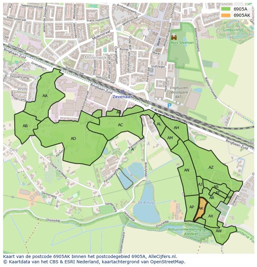 Afbeelding van het postcodegebied 6905 AK op de kaart.