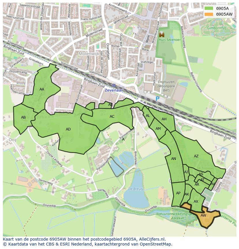 Afbeelding van het postcodegebied 6905 AW op de kaart.