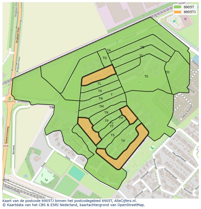 Afbeelding van het postcodegebied 6905 TJ op de kaart.
