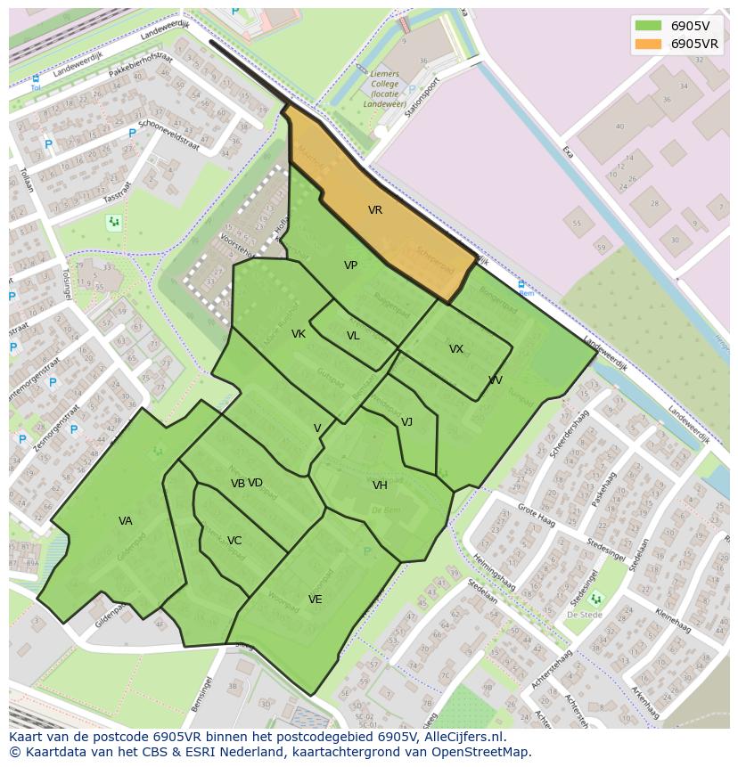 Afbeelding van het postcodegebied 6905 VR op de kaart.