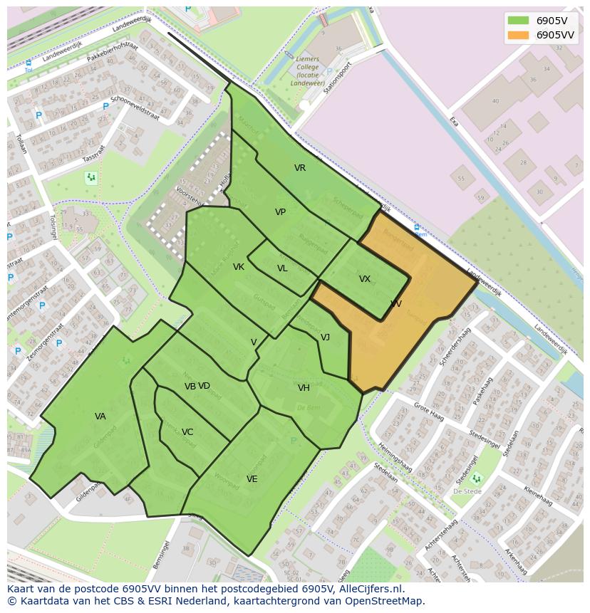 Afbeelding van het postcodegebied 6905 VV op de kaart.