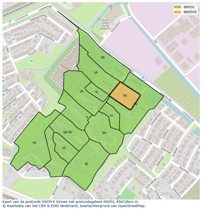 Afbeelding van het postcodegebied 6905 VX op de kaart.