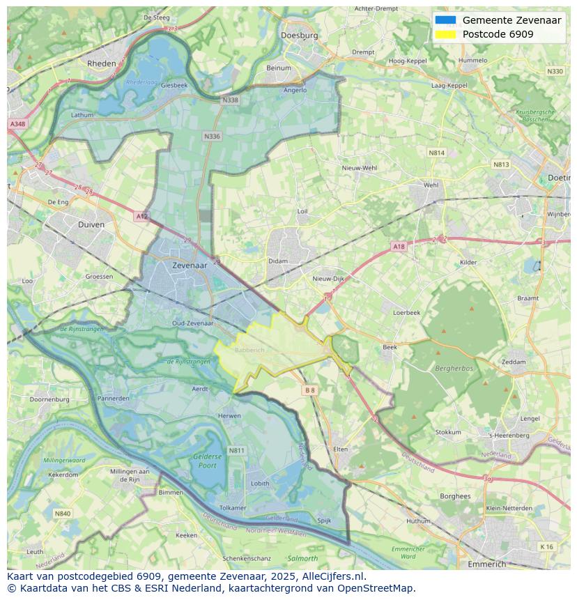 Afbeelding van het postcodegebied 6909 op de kaart.