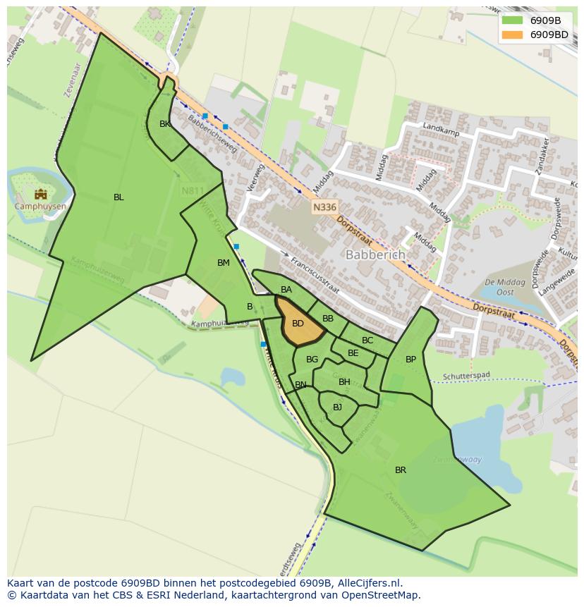Afbeelding van het postcodegebied 6909 BD op de kaart.