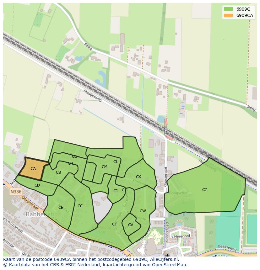 Afbeelding van het postcodegebied 6909 CA op de kaart.