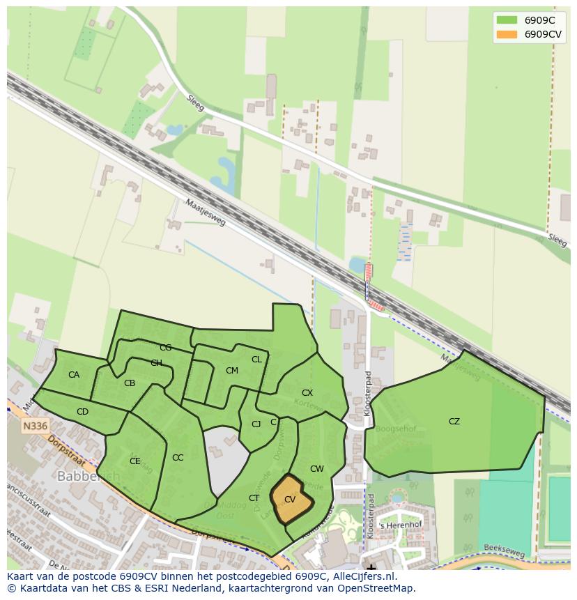 Afbeelding van het postcodegebied 6909 CV op de kaart.