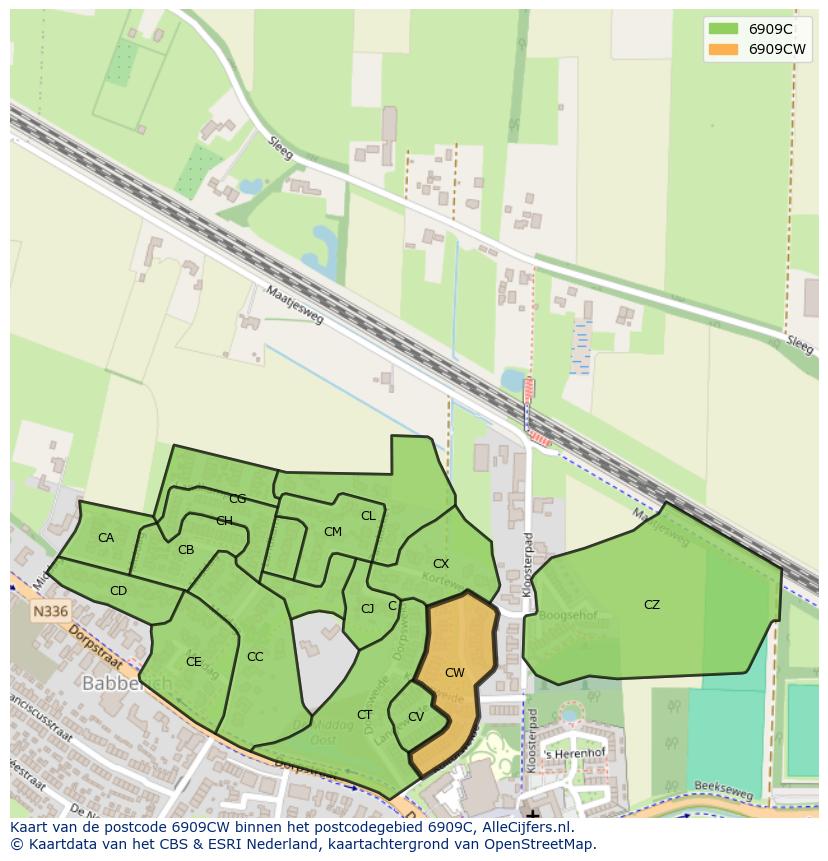 Afbeelding van het postcodegebied 6909 CW op de kaart.