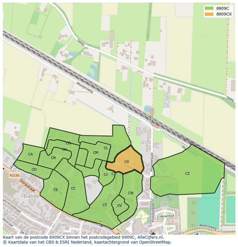 Afbeelding van het postcodegebied 6909 CX op de kaart.