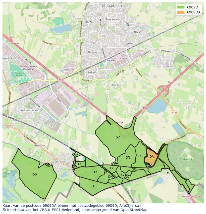 Afbeelding van het postcodegebied 6909 DA op de kaart.
