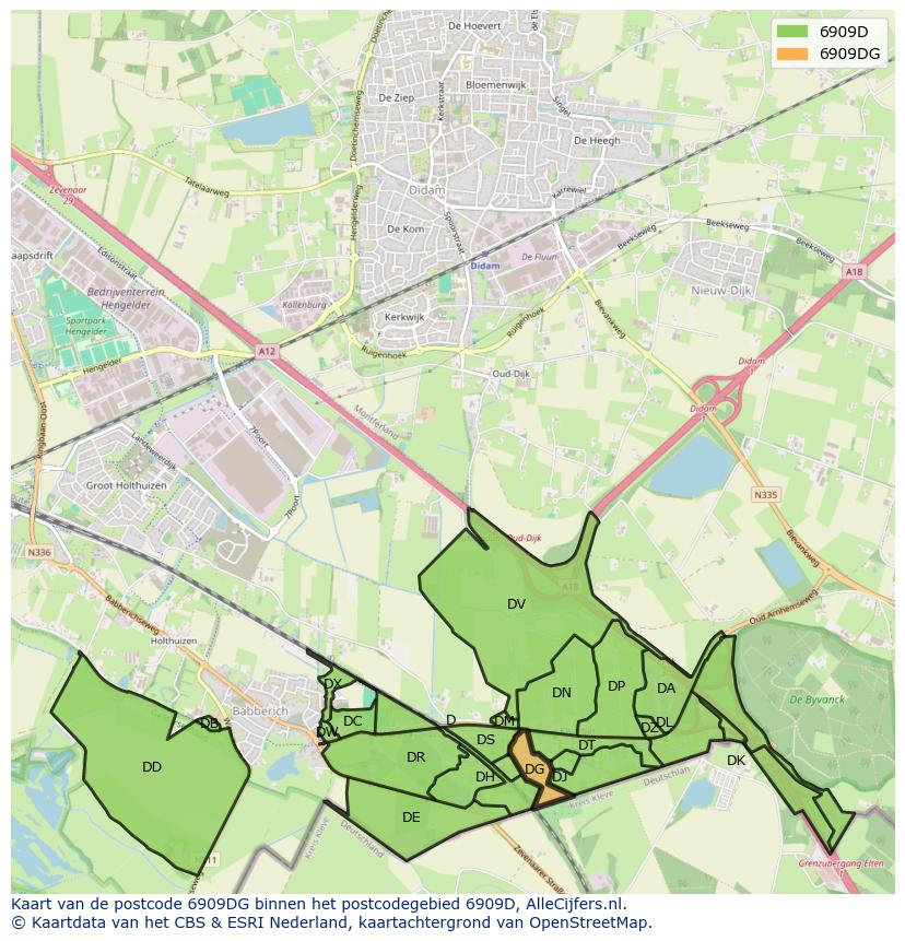 Afbeelding van het postcodegebied 6909 DG op de kaart.