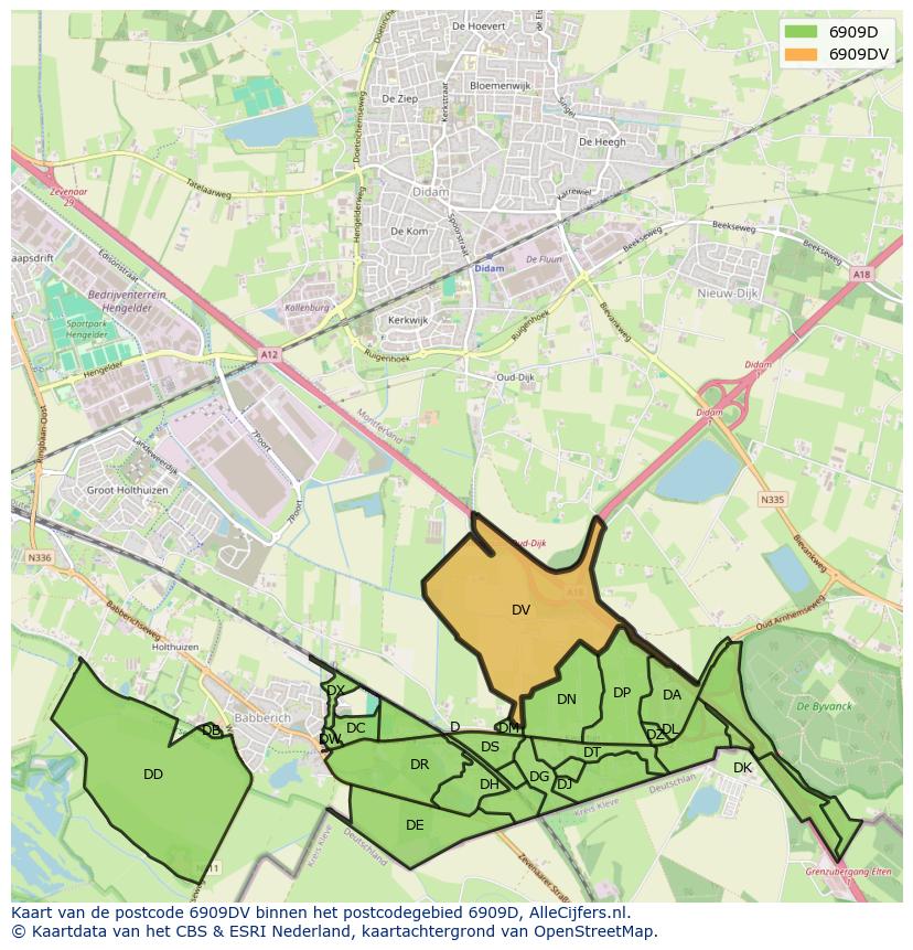 Afbeelding van het postcodegebied 6909 DV op de kaart.