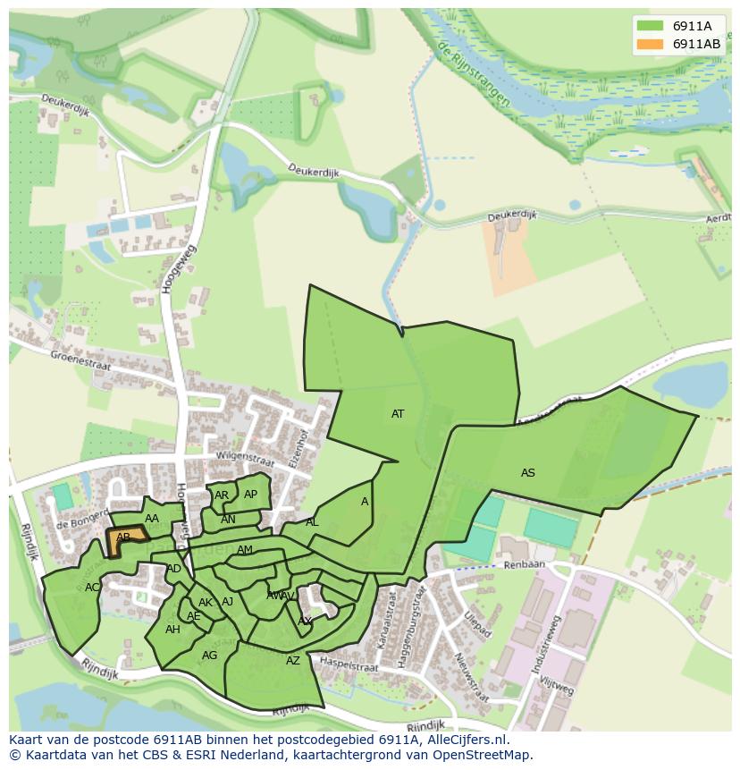 Afbeelding van het postcodegebied 6911 AB op de kaart.