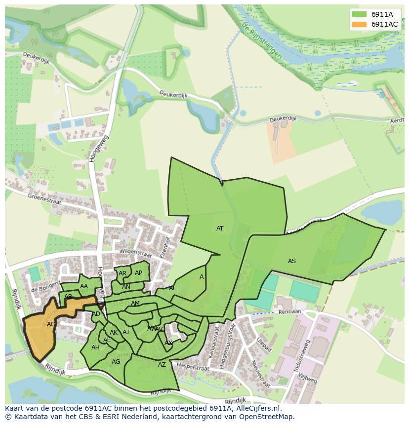 Afbeelding van het postcodegebied 6911 AC op de kaart.