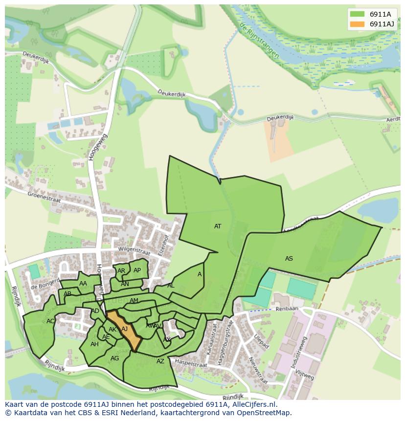 Afbeelding van het postcodegebied 6911 AJ op de kaart.