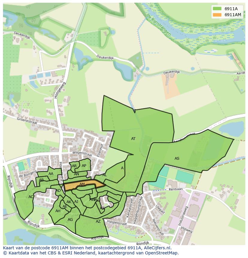 Afbeelding van het postcodegebied 6911 AM op de kaart.
