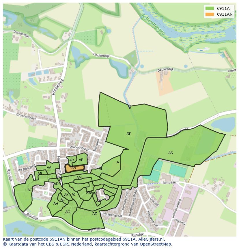 Afbeelding van het postcodegebied 6911 AN op de kaart.