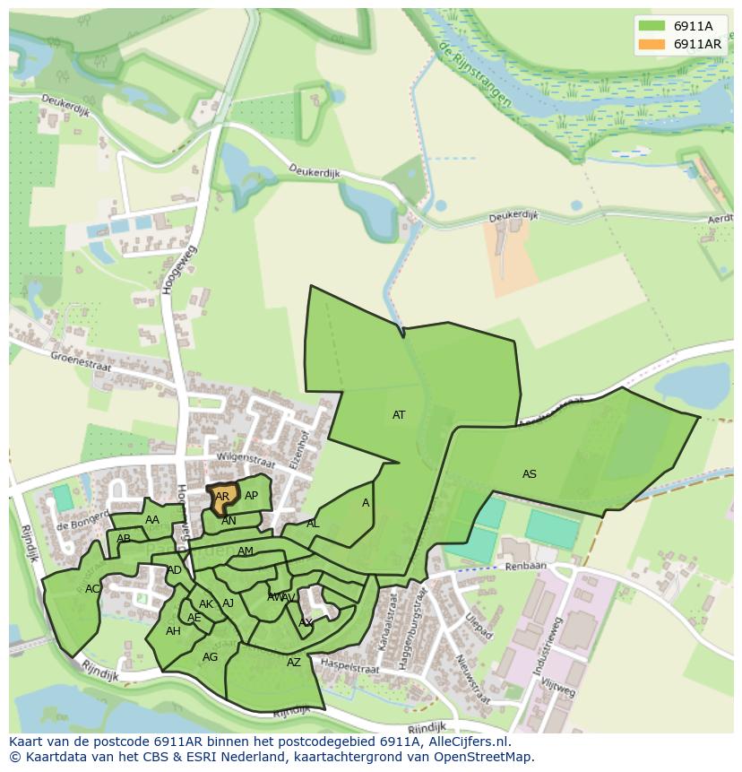 Afbeelding van het postcodegebied 6911 AR op de kaart.