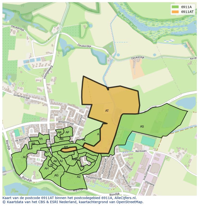 Afbeelding van het postcodegebied 6911 AT op de kaart.