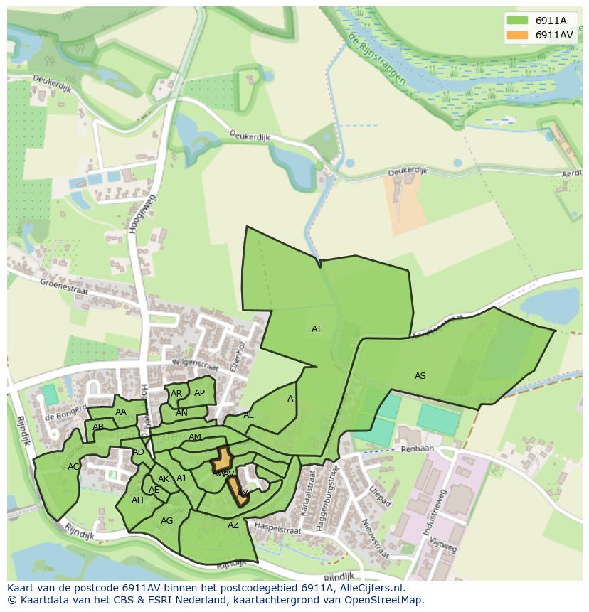 Afbeelding van het postcodegebied 6911 AV op de kaart.