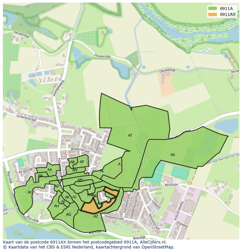 Afbeelding van het postcodegebied 6911 AX op de kaart.
