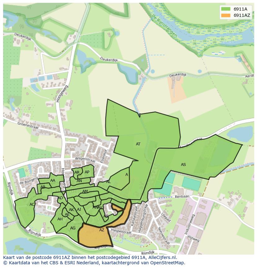 Afbeelding van het postcodegebied 6911 AZ op de kaart.